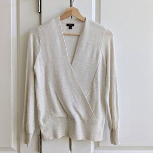Ann Taylor Faux Wrap Sweater White Shawl V Neck Soft Knit Office Blouse
